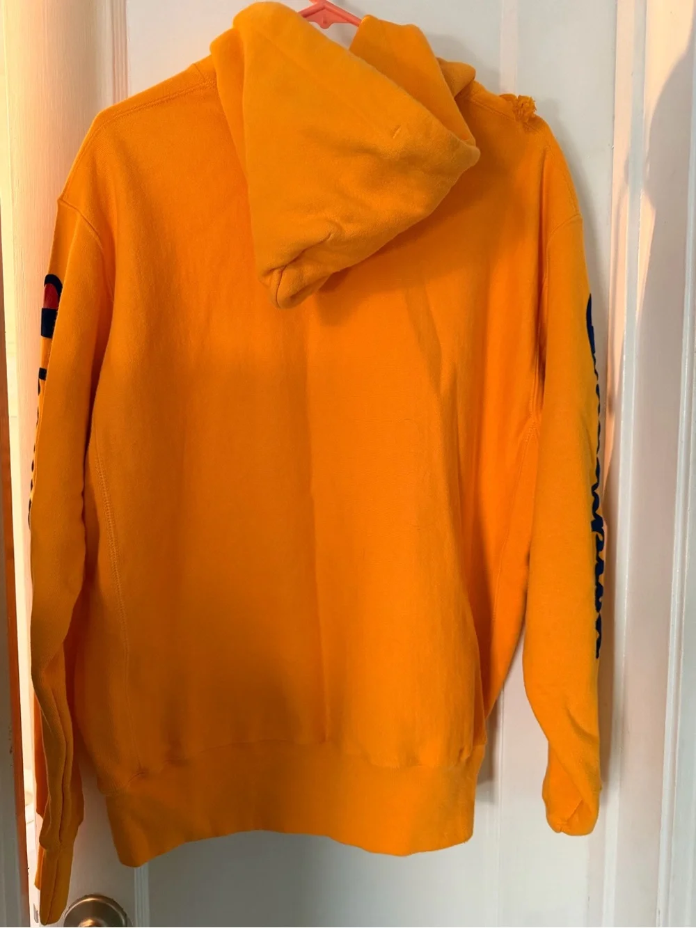 Champion Bright Orange Pullover Hoodie with Sleeve Script excellent condition L